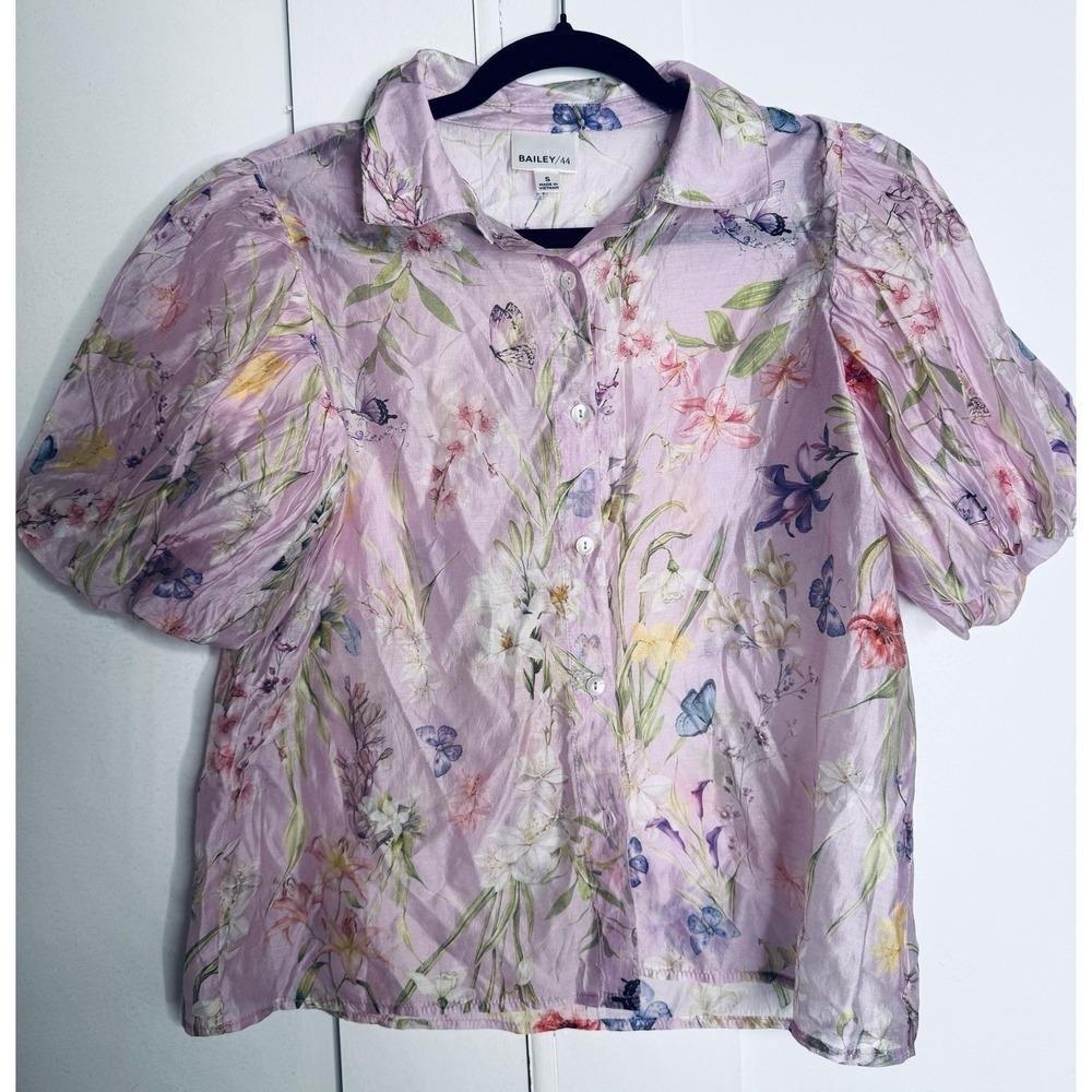 Bailey 44 Small Pink Floral Butterfly Blouse Puff Sleeve Button Front Lyocell